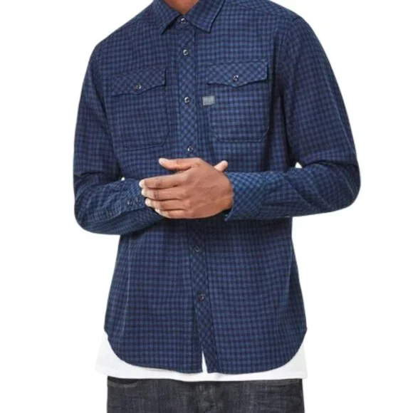 G-STAR RAW Landoh Blue Plaid Long-Sleeve Shirt L - Picture 2 of 16